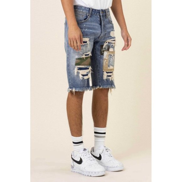 FIRST ROW CASUAL PANTS SHORT SUMER CAMO&TWILL PATCHED RIP&REPAIRED DENIM SHORTS - Picture 2 of 10
